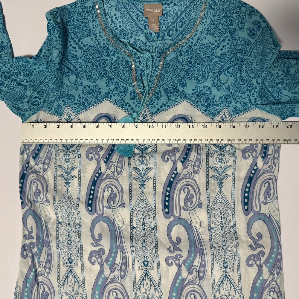Chicos Womens Blue Paisley Cotton Tunic Top Sequin V-Neck Tassel Size 1 Medium - Picture 10 of 15